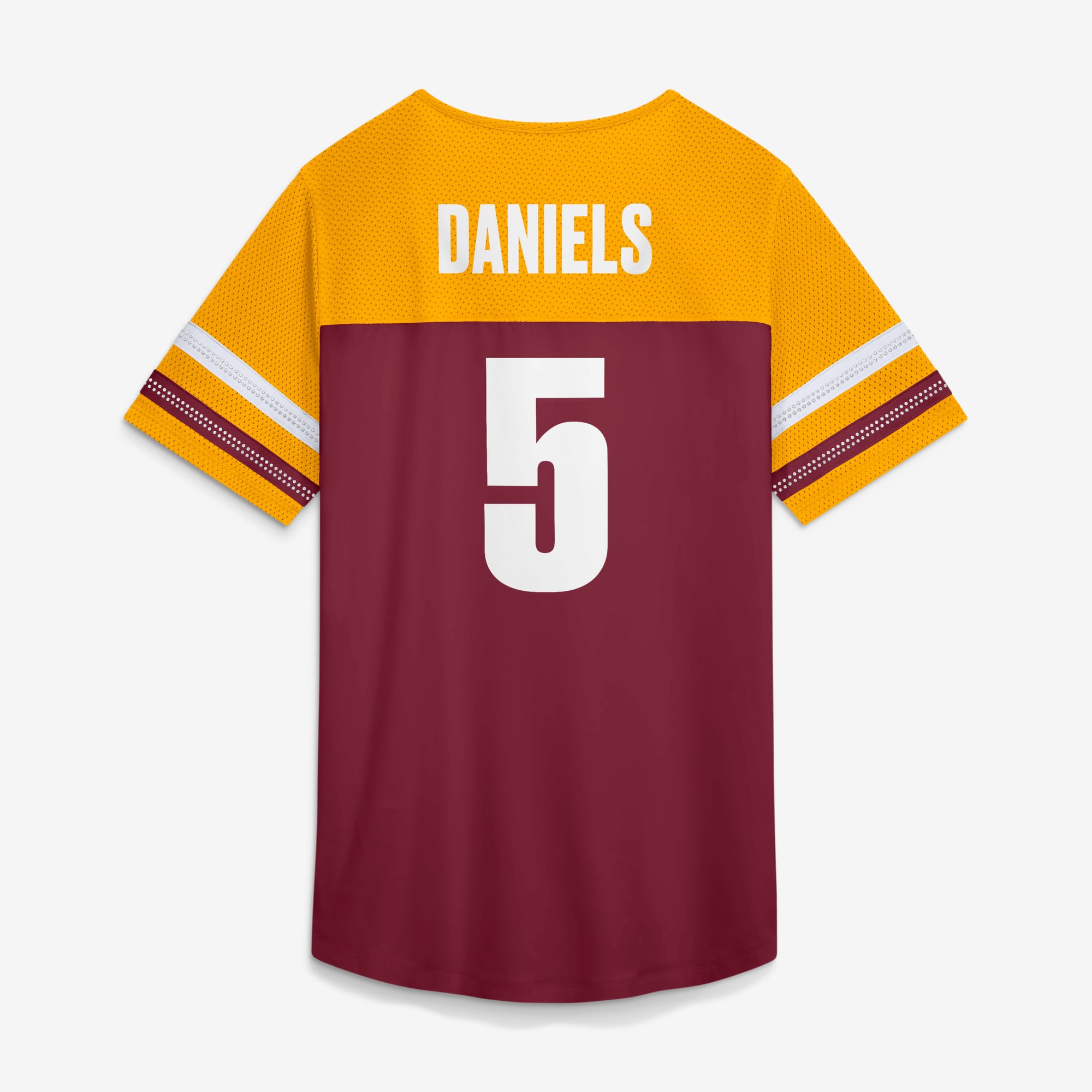 T-shirt Fanatics Jayden Daniels bordeaux Washington Commanders Curl Route Athena à lacets avec nom et numéro pour femme